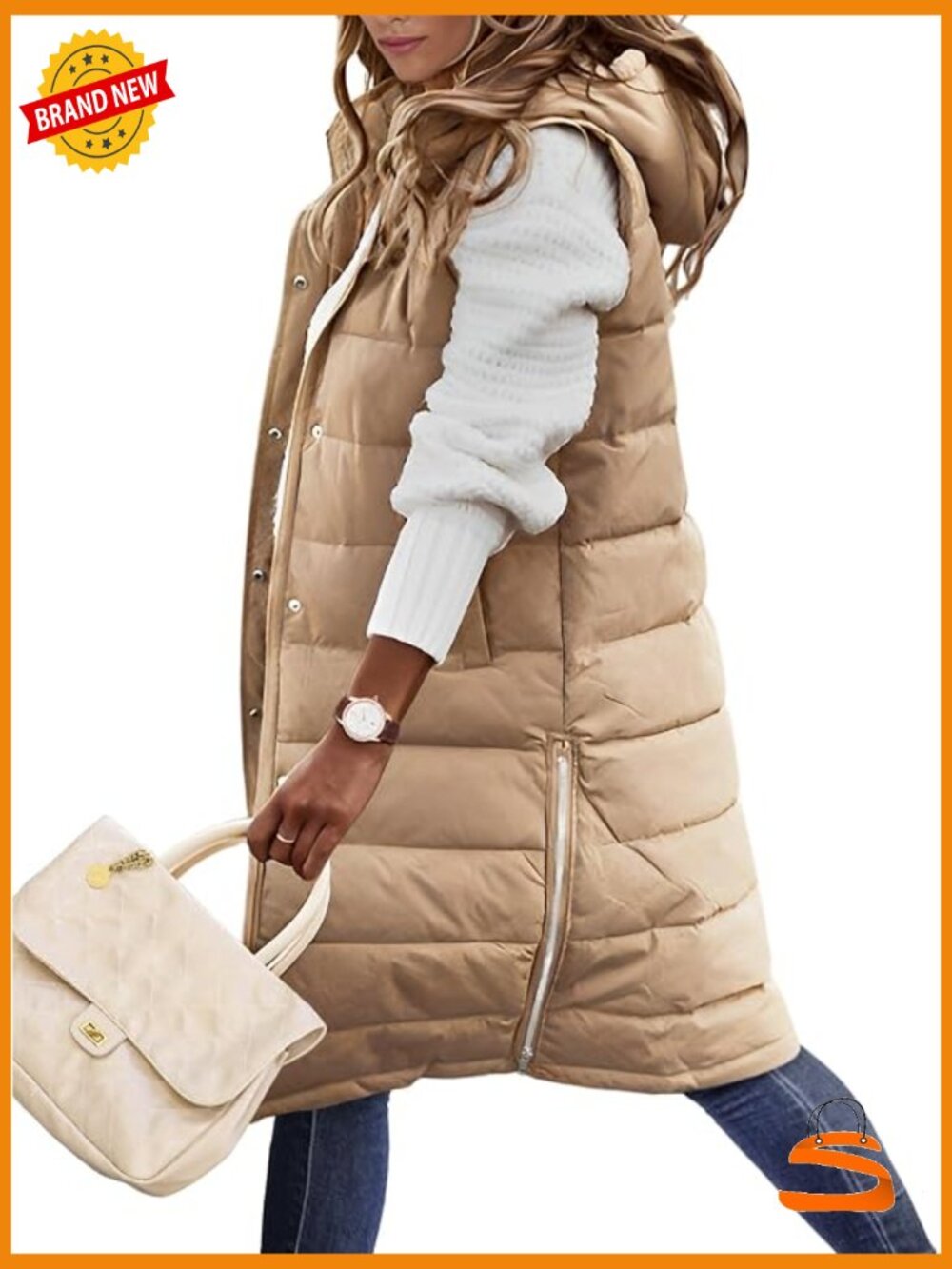 Womens Long Puffer Vest Hooded Sleeveless Zip Up Quilted Warm Jacket with